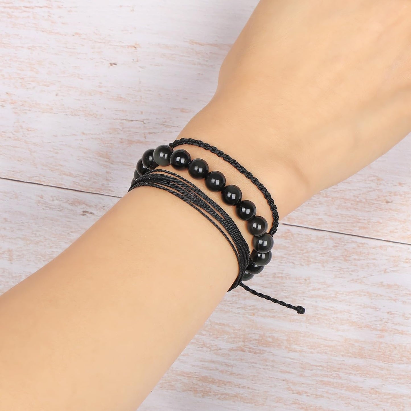 QOGIR Handmade Healing Stones Bracelet,8mm Natural Black Obsidian Gemstone Beads Bracelet,for Men Women Gifts with 2PCS Size Adjustable Rope Bracelets