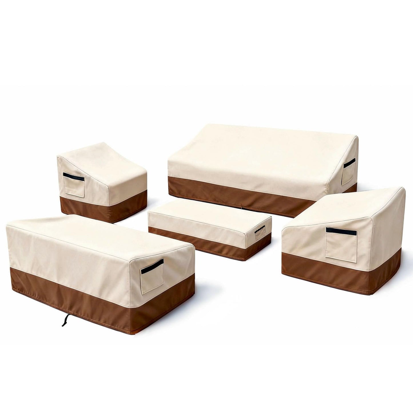 5 Piece Patio Furniture Cover Set, Waterproof Outdoor Furniture Covers for 3-Seater Sofa, Loveseat, Chairs & Coffee Table, Heavy Duty 600D Lawn Patio Set Covers, UV-Resistant All-Season, Beige&Brown