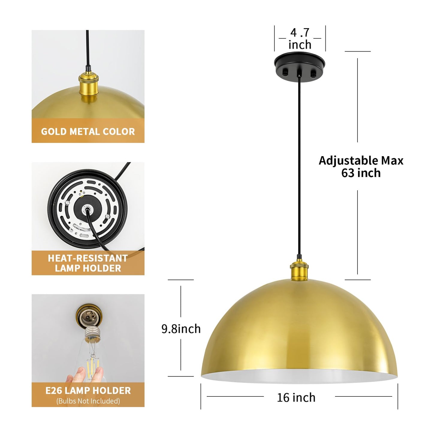 YOGIRL Gold Pendant Light, 16" Farmhouse Ceiling Light with Gold and White, Elegant Semi-Circular Shade Design, Adjustable Height Industrial Dome Pendant Lights for Kitchen Island, Dining Room