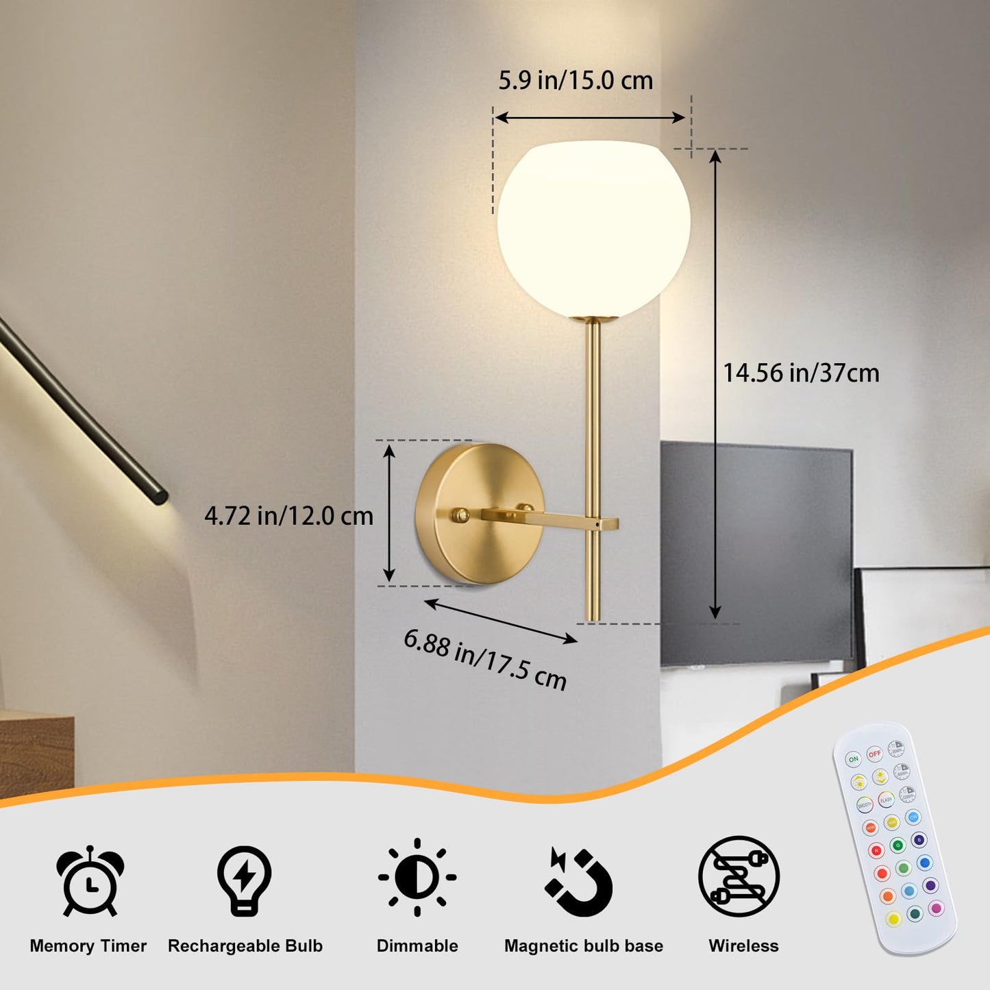 Gold Battery Operated Wall Sconces Set of 2, Rechargeable Wireless Wall Lights with Milky White Frosted Glass Shade, 12 RGB and 3CCT Dimmable, Wall Lamps with Remote for Bedroom Living Room Hallway