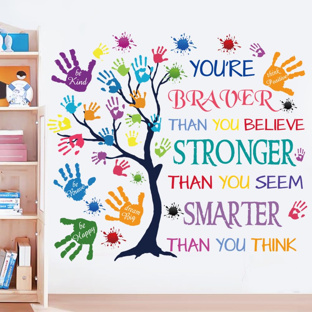 Colorful Inspirational Quote Wall Decal-You’re Braver Than You Believe, Stronger Than You Seem, Smarter Than You Think, Motivational Quote Phrases Wall Sticker Kids Room Nursery, Classroom Decor.
