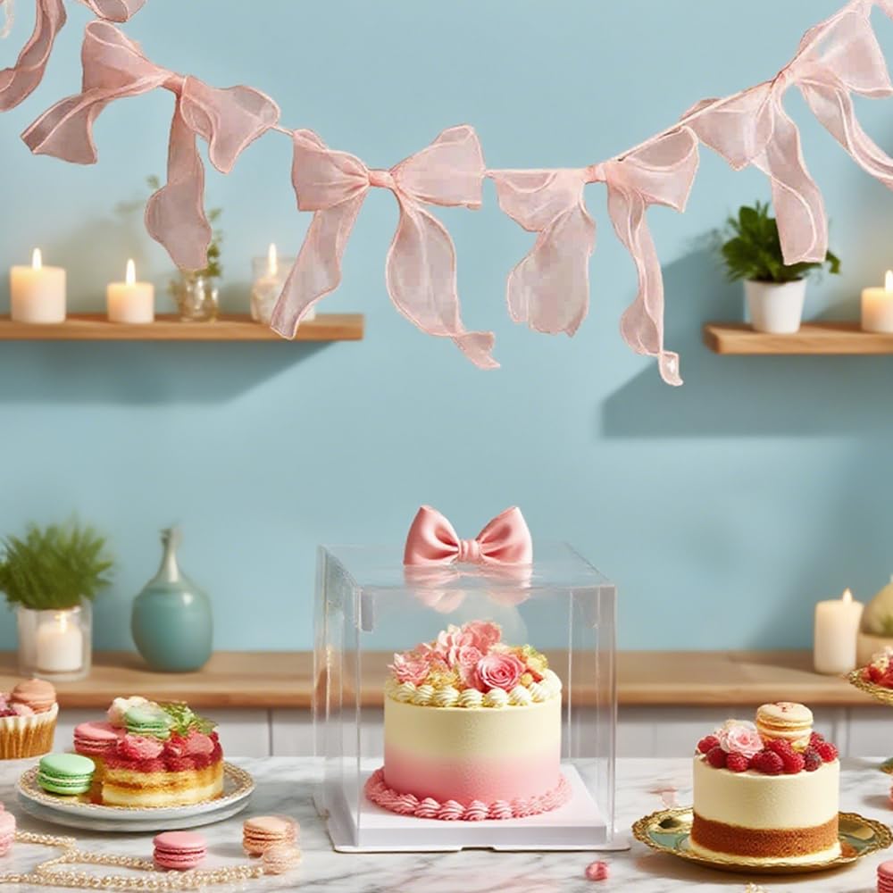 1 String of 12pcs Tulle Bow Garland Pink Bowknot Banner Garlands for Decoration Ribbon Garland Party Banner for Birthday,Wedding,Engagement,Anniversary,Bridal Shower, Bachelorette Party Pink Bow Decor