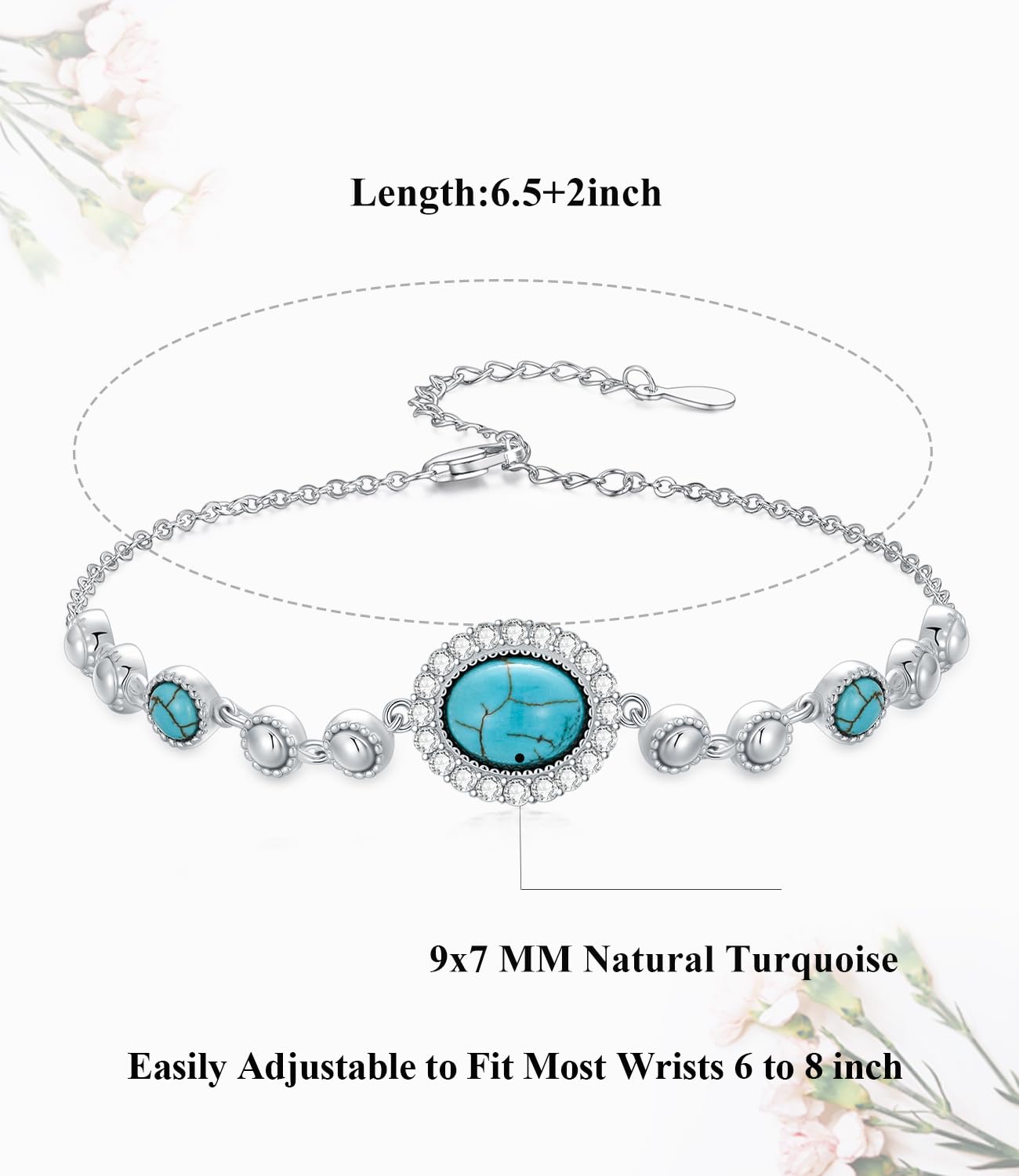 DOLIOX Real Turquoise Adjustable Bracelet for Women with CZ 925 Sterling Silver Elegant Genuine Green Gemstones Bracelets Jewelry for Her Wife Mom
