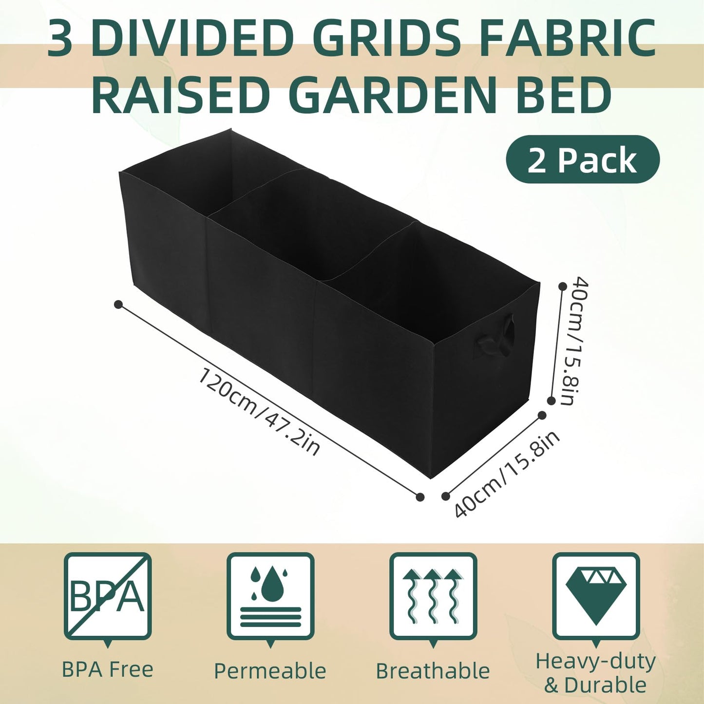 2 Pack Plant Grow Bags, 3 Divided Grids Fabric Raised Planting Bed Rectangle Raised Vegetable Planter Garden Planting Grow Pot Outdoor Planter Box for Vegetables, Flowers, Plants (Black, 120x40x40cm)