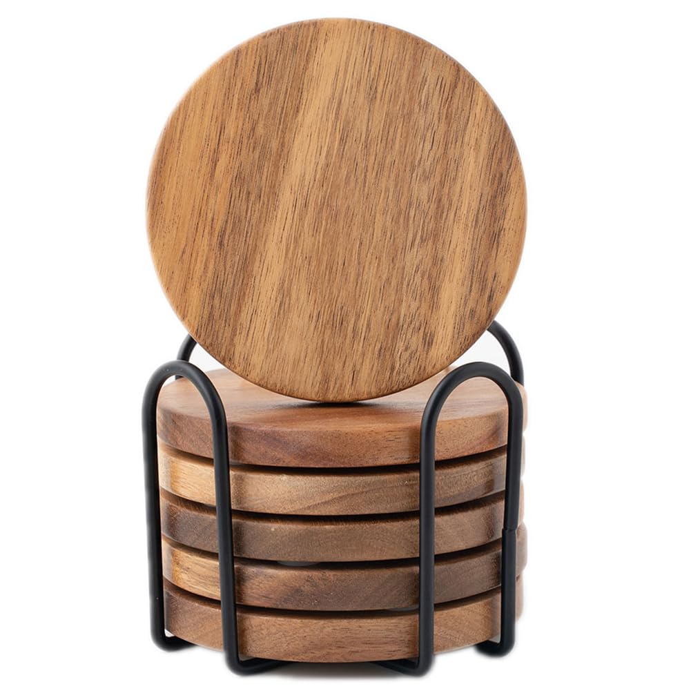 WLWNWFT Wood Coasters for Drinks Tabletop Protection with Holder Set of 6, Acacia Wooden Coaster for Coffee Table Dining Table Round with Non-Slip Pad Cup Coaster for Home Christmas Decor 4 Inch