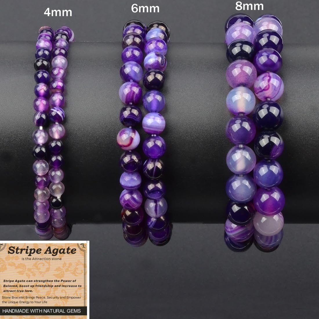 MASSIVE BEADS Stripe Agate - Attraction - Handmade Handmade Yoga Stretch Elastic Bracelet Natural Stone Crystal Healing Power Energy Gifts for Unisex Adult 4mm