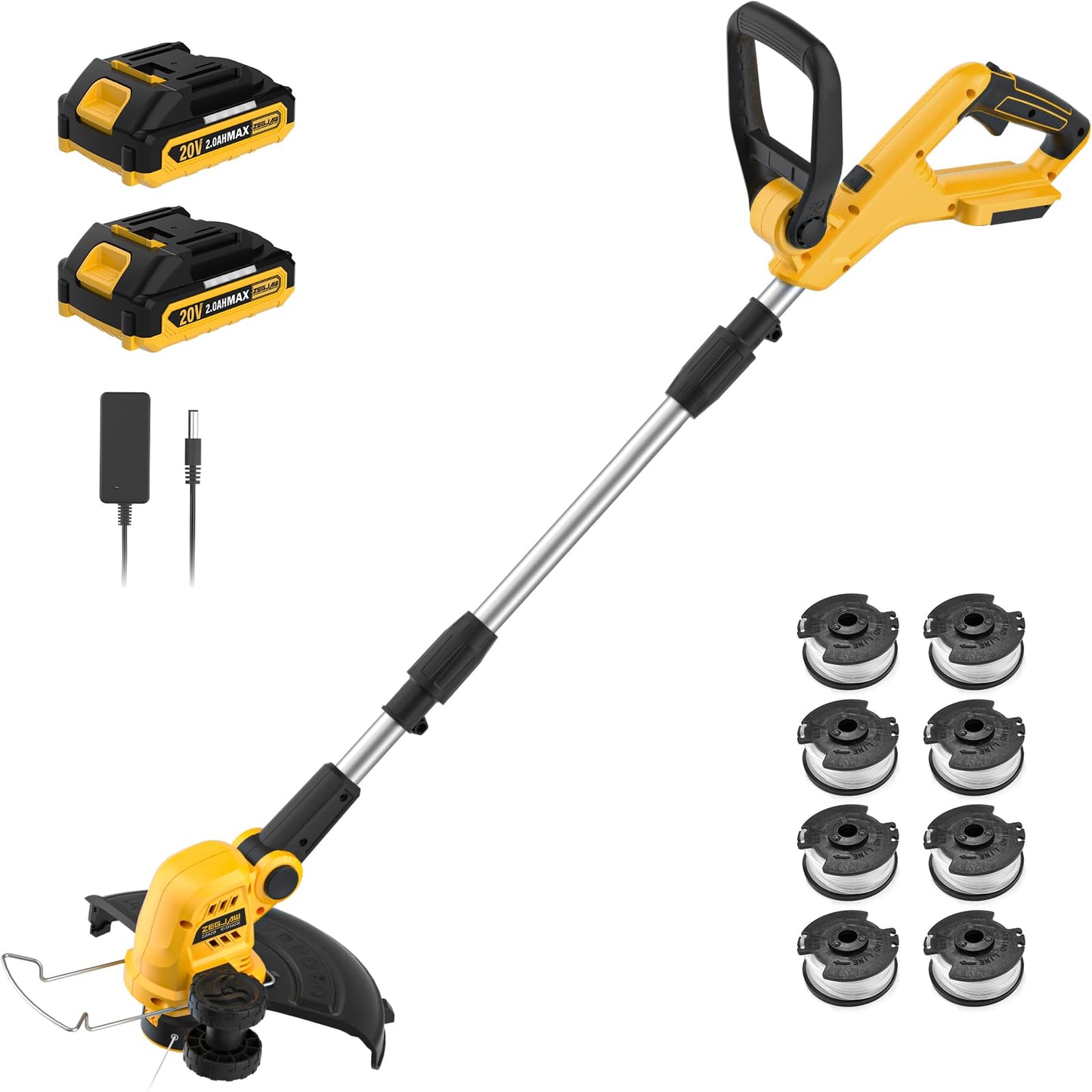 ZEGJAW 12 Inch 20V Cordless String Trimmer and Edger, 2-in-1 Weed Wacker Lawn Edger with 2x2.0Ah Battery and Charger, Battery Powered Grass Cutter with Auto Line Feed and 8pcs Line for Yard, Garden