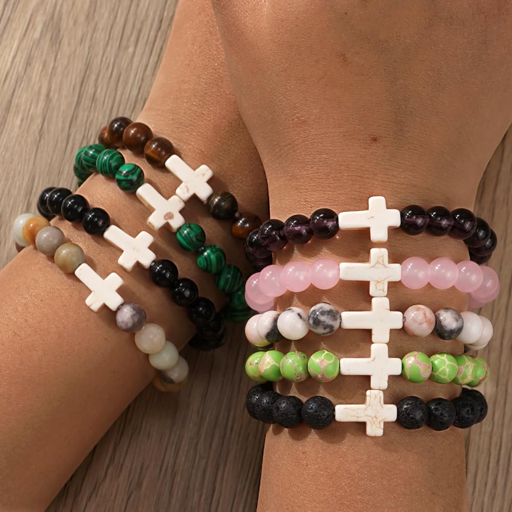 SHINUS BOHO Dainty Christian Cross Green Turquoise Gemstone Beaded Religious Cross Crystal Chakra Bracelets for Women Men Natural Worry Stone Healing Stretch Best Friends Jewelry Gift