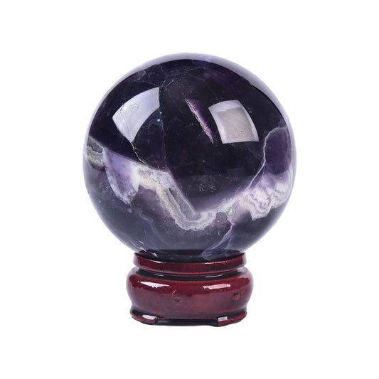 JIC Gem Colorful Fluorite Crystal Ball with Wooden Stand Healing Crystal Sphere Ball for Feng Shui Decor Spiritual Gifts 70-80mm