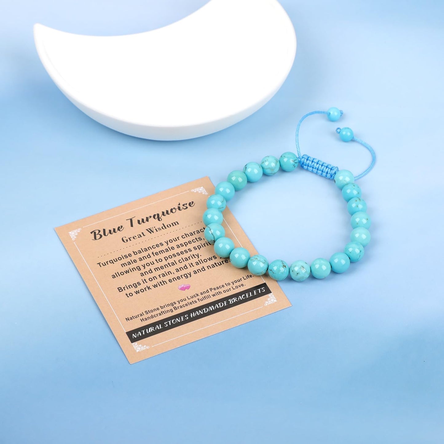 AD Beads 8mm Blue Turquoise - Wisdom - Handmade Natural Stone Crystal Bracelet with Adjustable Macrame String - Yoga Healing Power Energy Gifts for Men and Women