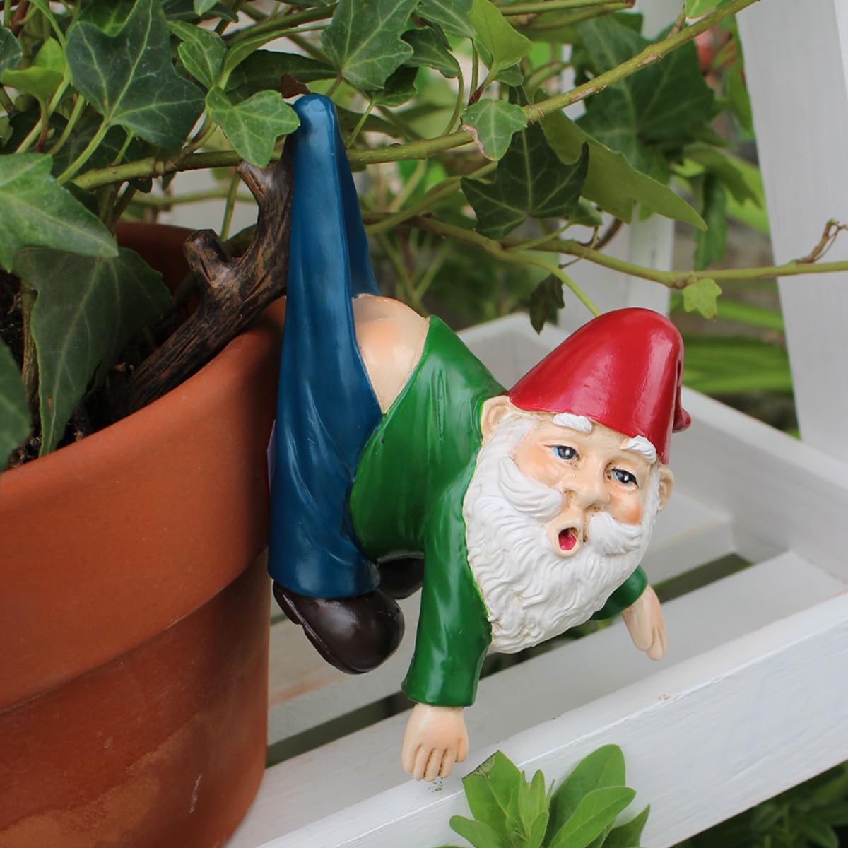 JARPSIRY Funny Garden Gnome Statue Flower Pot Hugger, Pants Hanging on Branch Gnome Figurine Resin Sculpture Outdoor Decor Patio Lawn Yard Fence Plant Pot Ornaments
