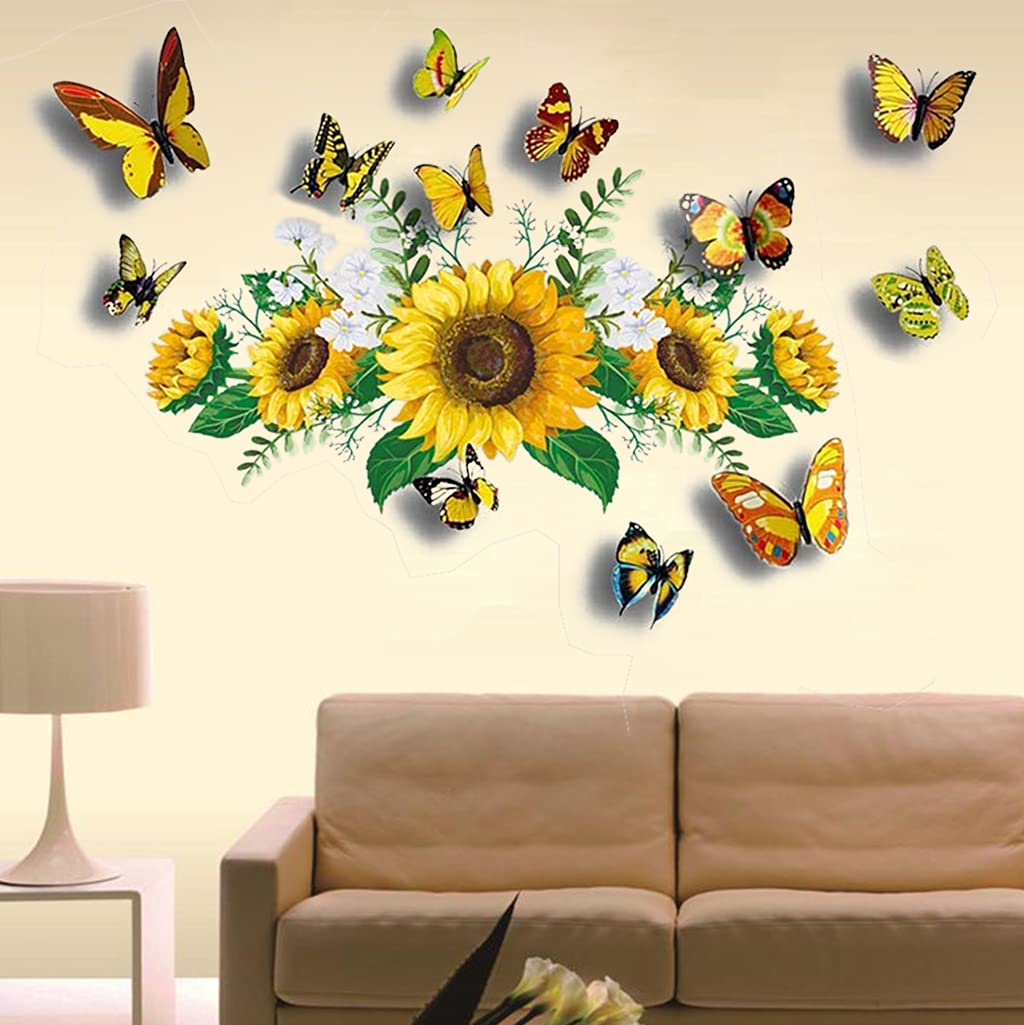 Sunflower Wall Stickers with 3D Butterfly Wall Sticker, Yellow Flowers Wall Decal,SPRT Waterproof and Removable, Sunflower Wall Stickers for Bedroom Living Room Bathroom Décor