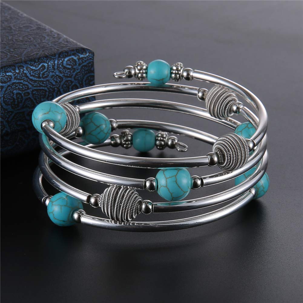 PEARL&CLUB Beaded Chakra Bangle Turquoise Bracelet - Fashion Jewelry Wrap Bracelet with Thick Silver Metal and Mala Beads, Birthday Gifts For Women(63-Turquoise Blue)