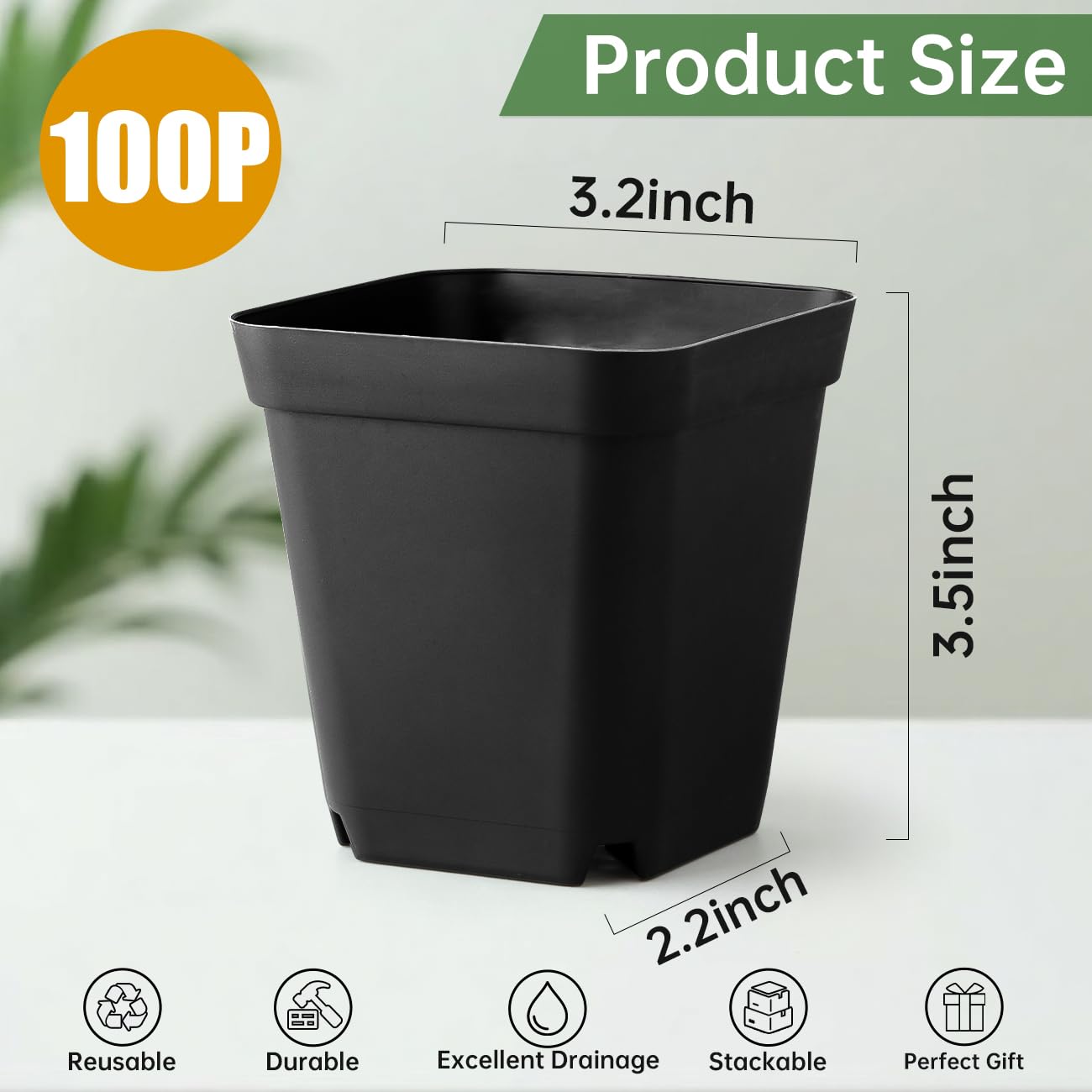 RooTrimmer 100 Pack Plant Nursery Pots 3.15 Inch, Durable Square Seedling Pots with Drainage Holes, Reusable Small Plastic Flower Pots for Seed Starting, Transplanting, Herb Garden