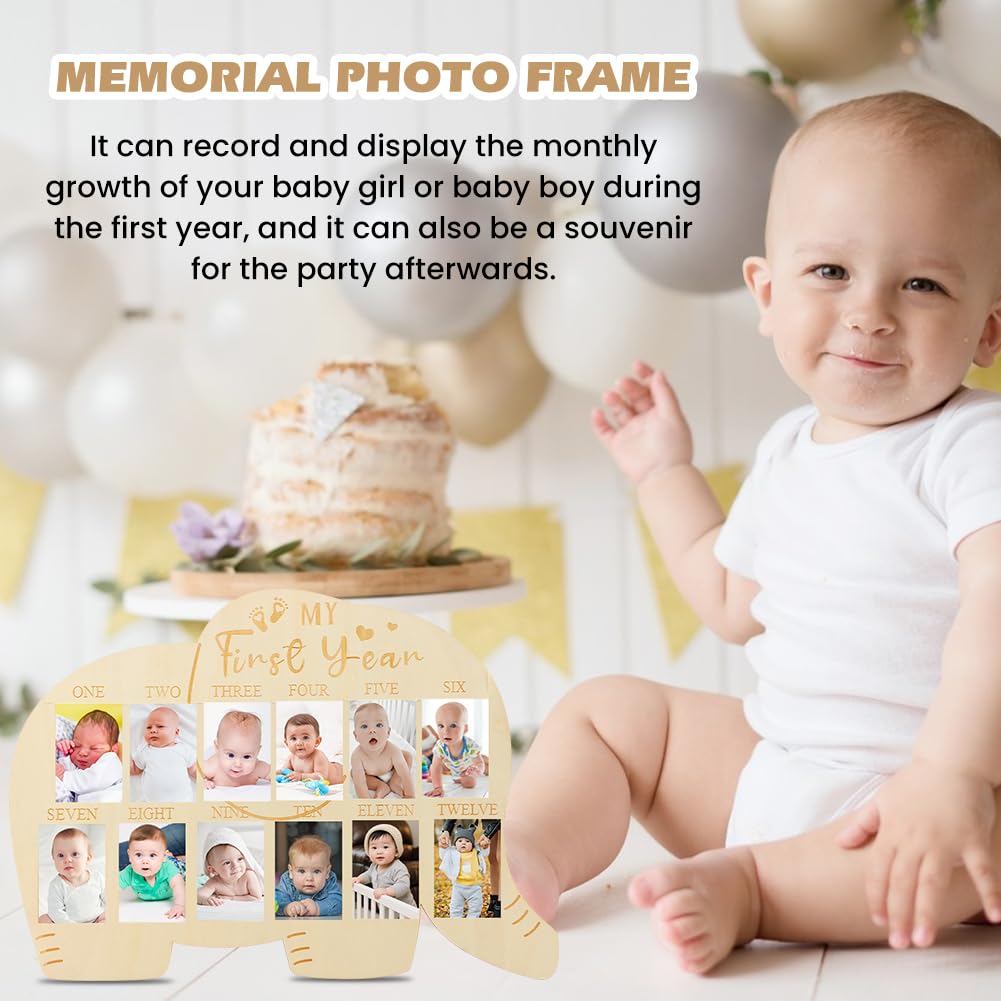 XIHUADOU My First Year Picture Frame – One-Year Photo Board for Baby, 12-Month Collage Keepsake with Stand, Gender Neutral Design for Baby Showers, New Mom Gifts & Nursery Decor (Elephant Sign)