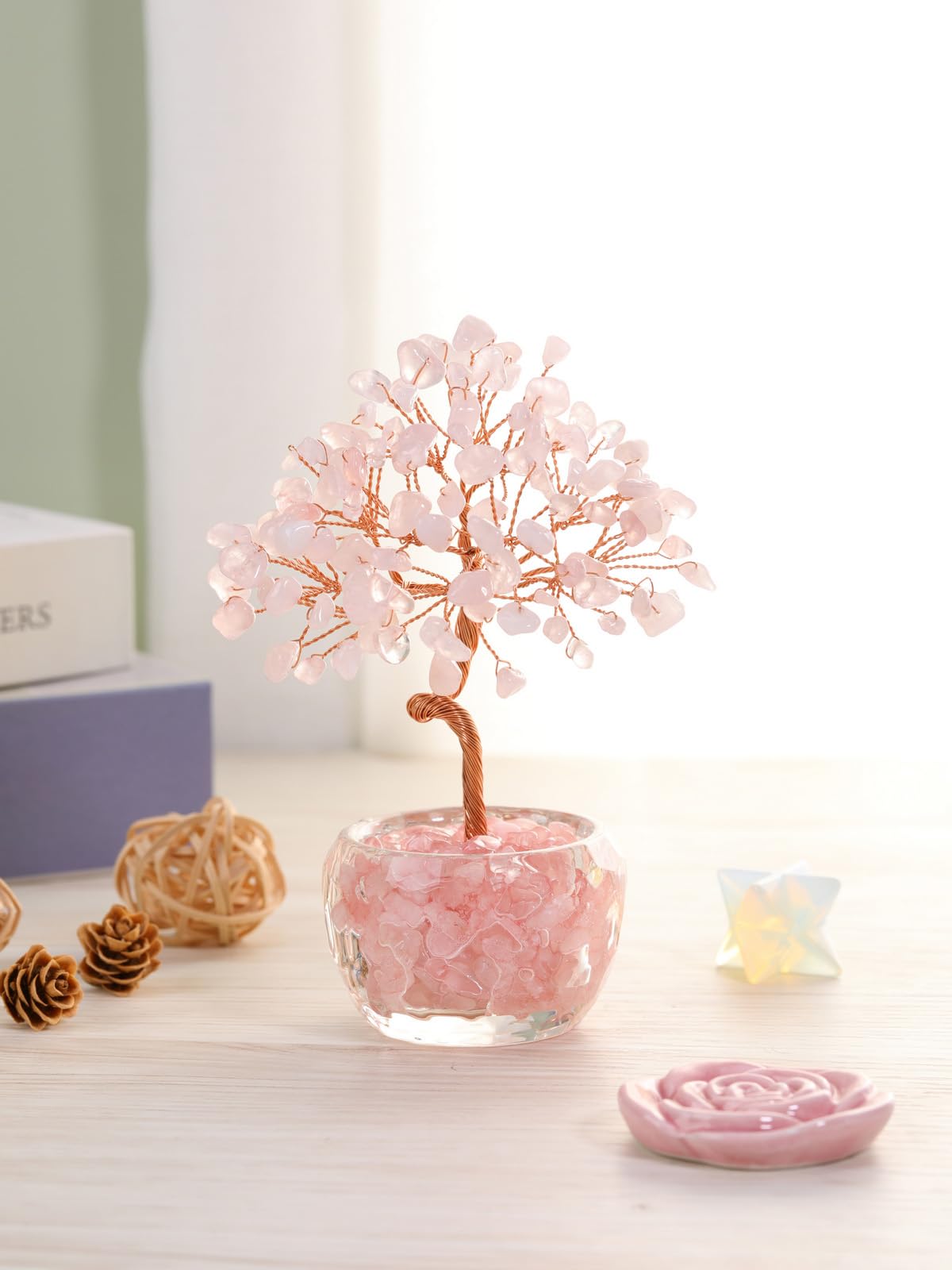 Top Plaza Healing Crystals Rose Quartz Crystal Tree with Glass Base Handmade Natural Gemstone Life Tree Mini Bonsai Money Trees Good Luck Home Office Desk Decor