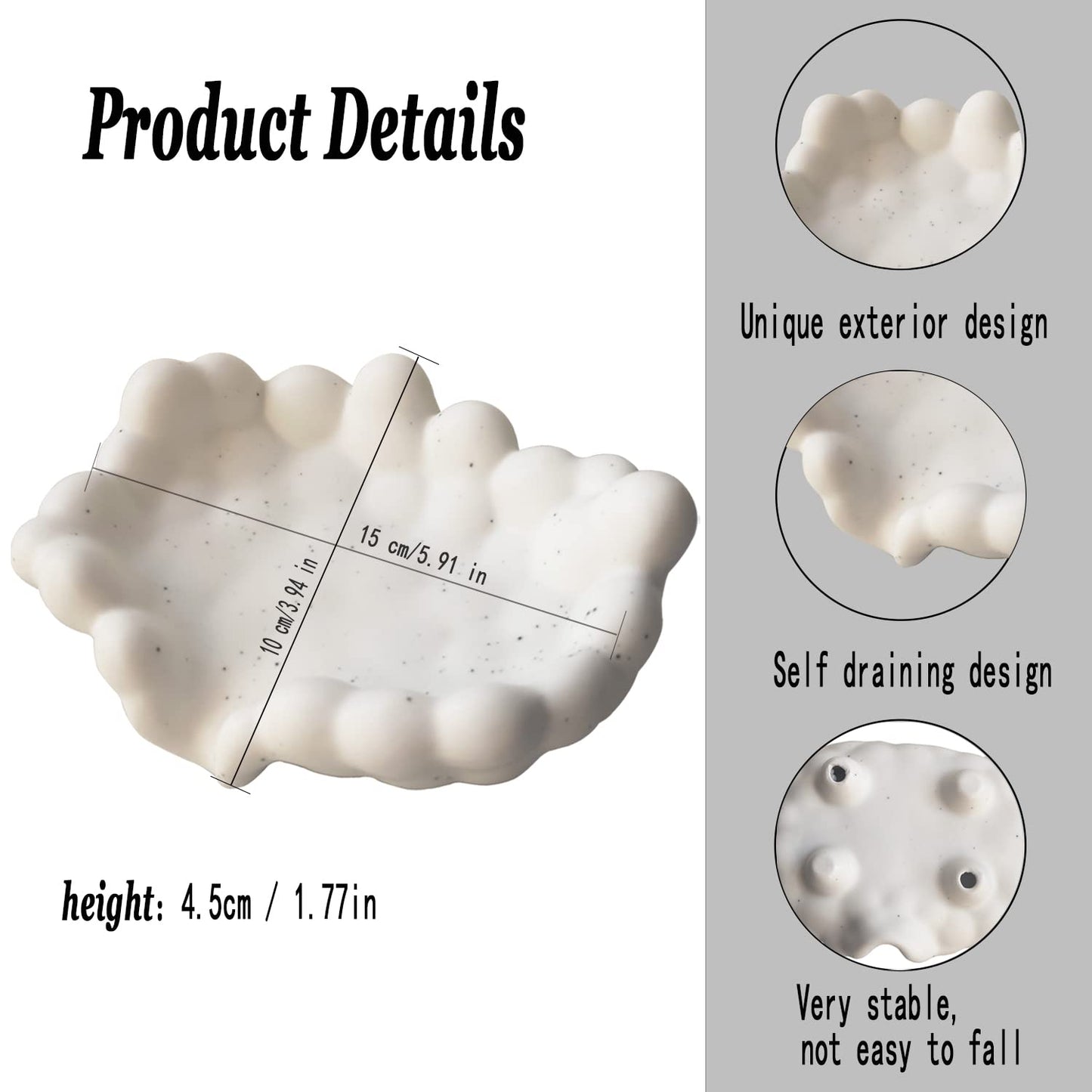White Bathroom Soap Dish,Self Draining Soap Dish,Ceramic Soap Holder for Counter Top,Bar Soap Holder