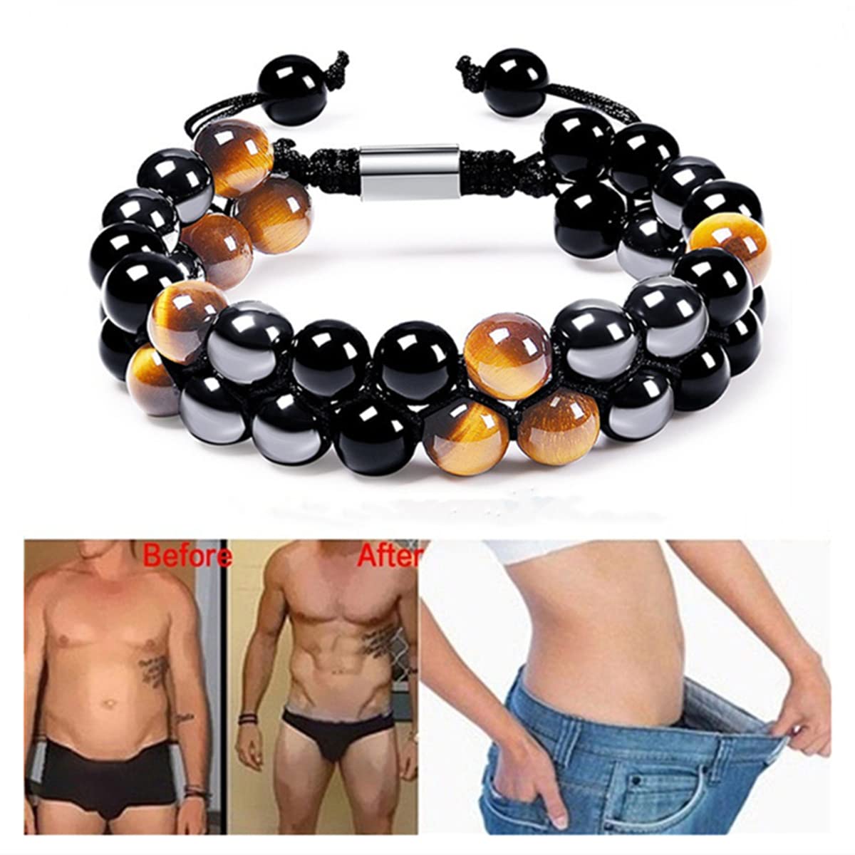 WEFRIN Triple Protection Bracelet for Bring Luck and Prosperity Hematite Black Obsidian Tiger Eye Stone Bracelets for Men Women, Beaded Buddha Rope Uni Bracelet (2pcs)(A(1))