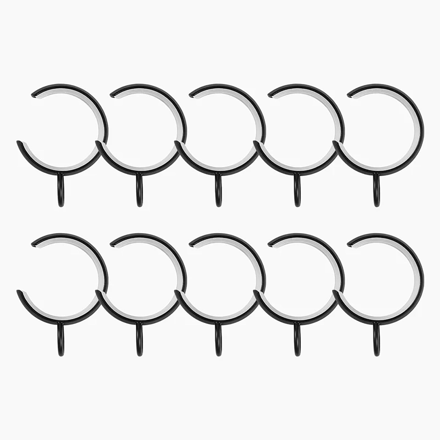 TWOPAGES 10 Pcs C Shaped Bypass Curtain Rings for French Return Rods, Black Heavy Duty Iron Passing Drapery Rings with Eyelets, Glide Smoothly Over Center Brackets, Matte Black
