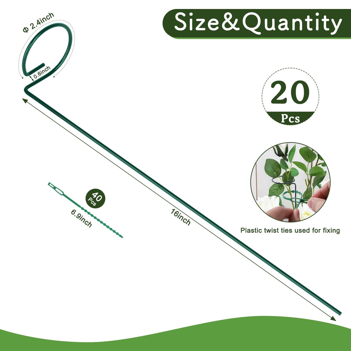 FEED GARDEN 16 Inch 20 Pack Plant Support Stakes, Metal Garden Flower Stakes and Supports for Outdoor Plants, Plant Stem Support with 40 Twist Ties for Amaryllis Lily Rose Peony Tomatoes Gladiolus