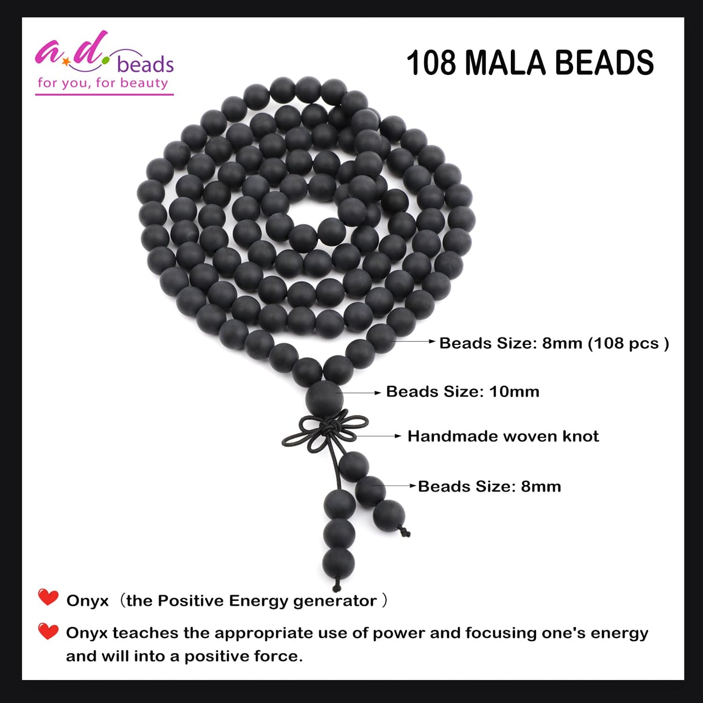 AD Beads 8mm 108 Prayer Mala Matte Onyx Elastic Bracelet - Peace and Tranquility - Handmade Yoga Meditation Healing Power Energy Gifts for Unisex Adult.