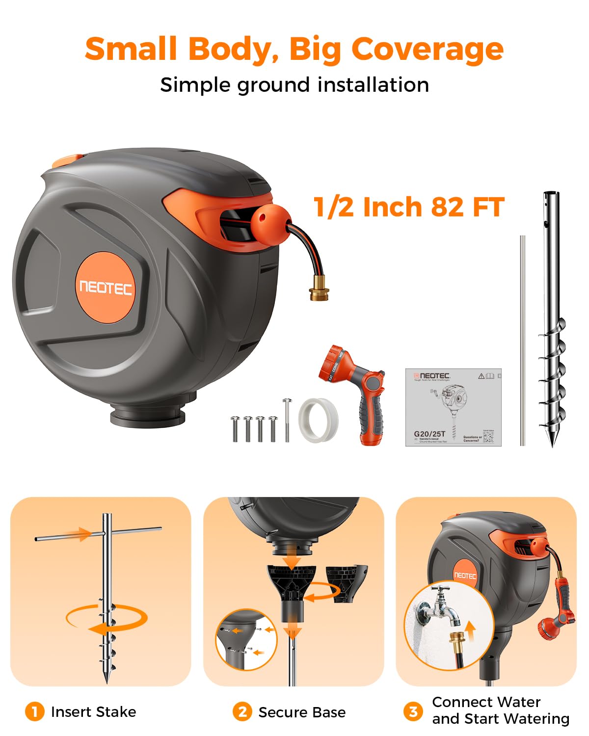 Retractable Garden Hose Reel 360° Swivel 82 ft 1/2 Inch Ground-Mounted Freestanding Water Hose Reel No-Drill Installation Any-Length Lock 20% Slow Return for Large Yard Lawn Car Washing