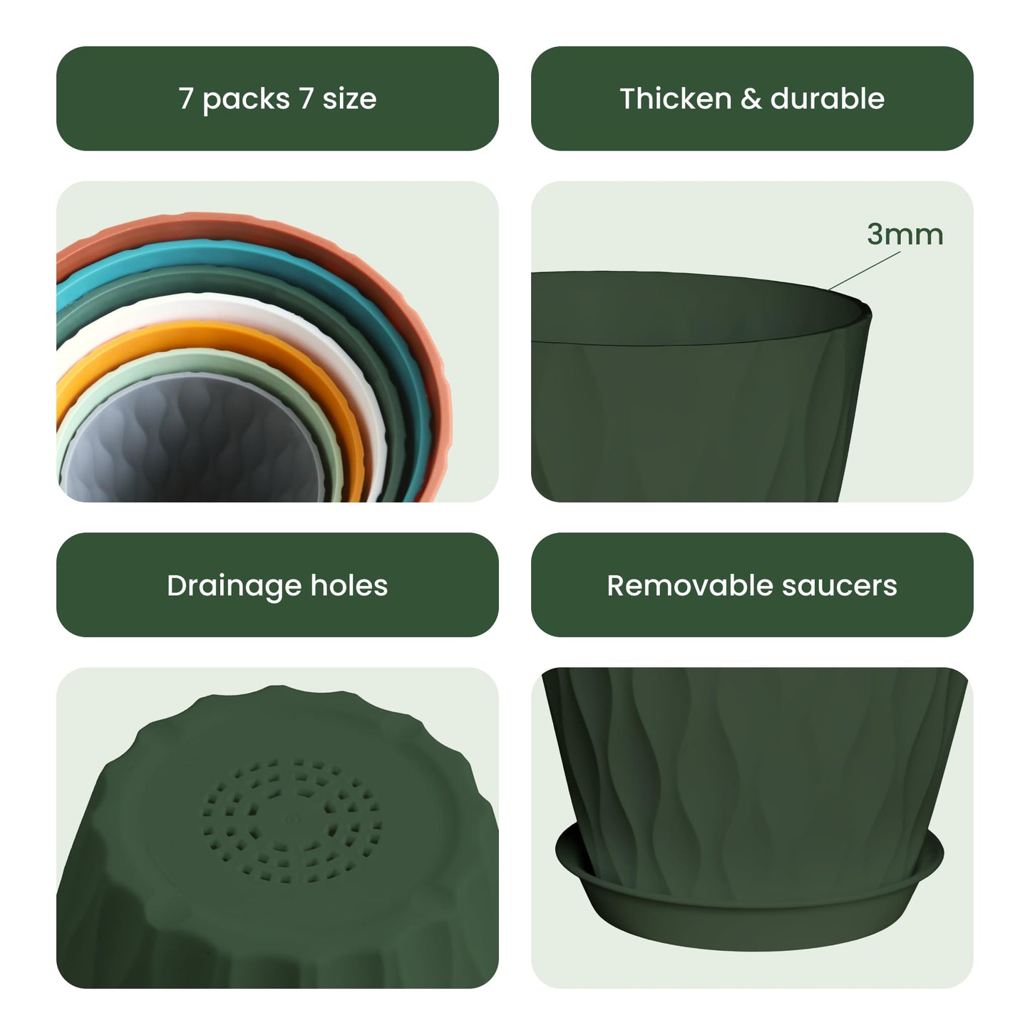 LESOASIS 7/6.5/6/5.5/5/4.5/4 inch Plastic Plant Pots, 7 Pack Flower Planter for Indoor Outdoor Plant, Planters with Drainage Holes and Trays (Colorful)