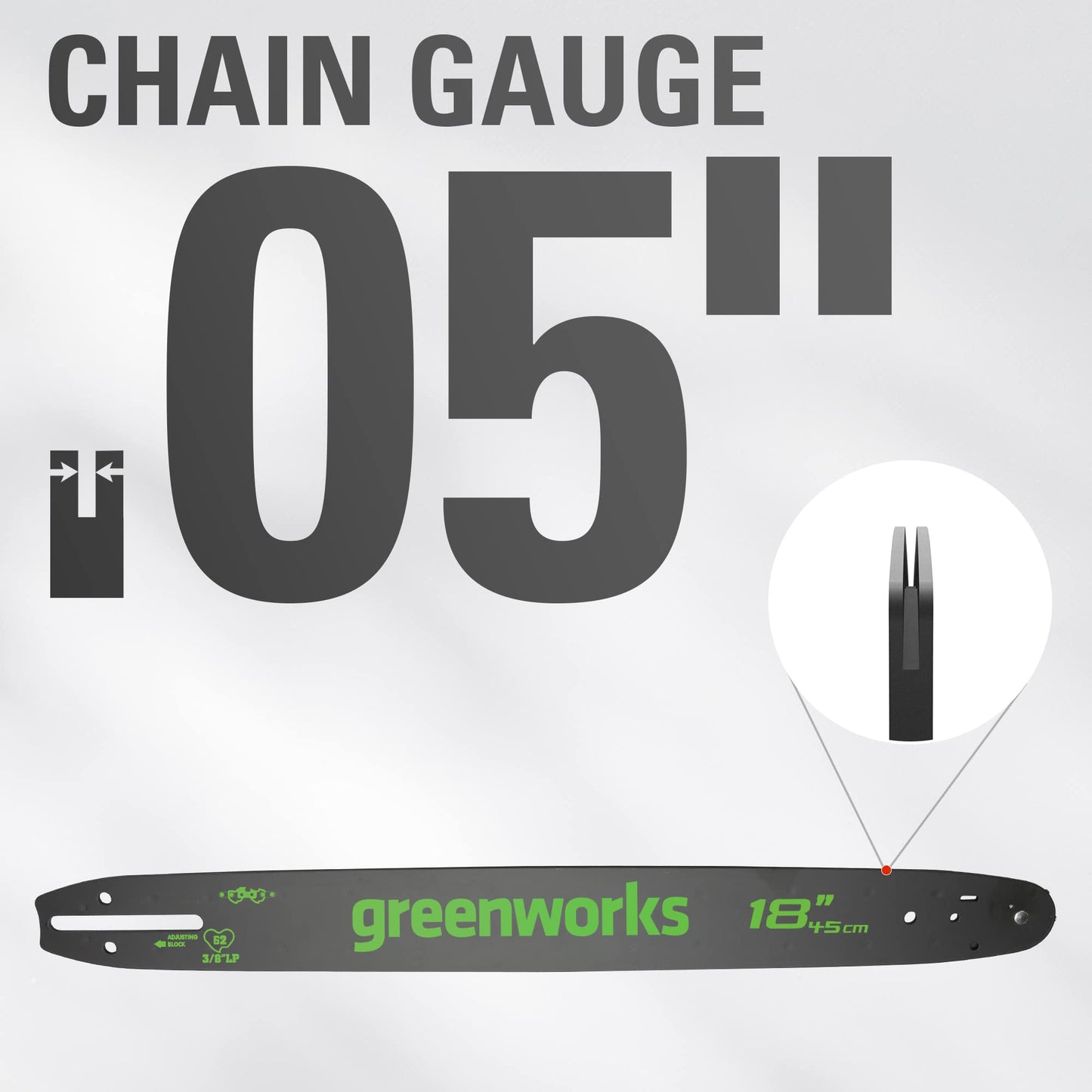Greenworks 18" Chainsaw Bar and Chain Combo, 3/8" Pitch, 0.05" Gauge, 62 Drive Links, Genuine Greenworks Replacement Part