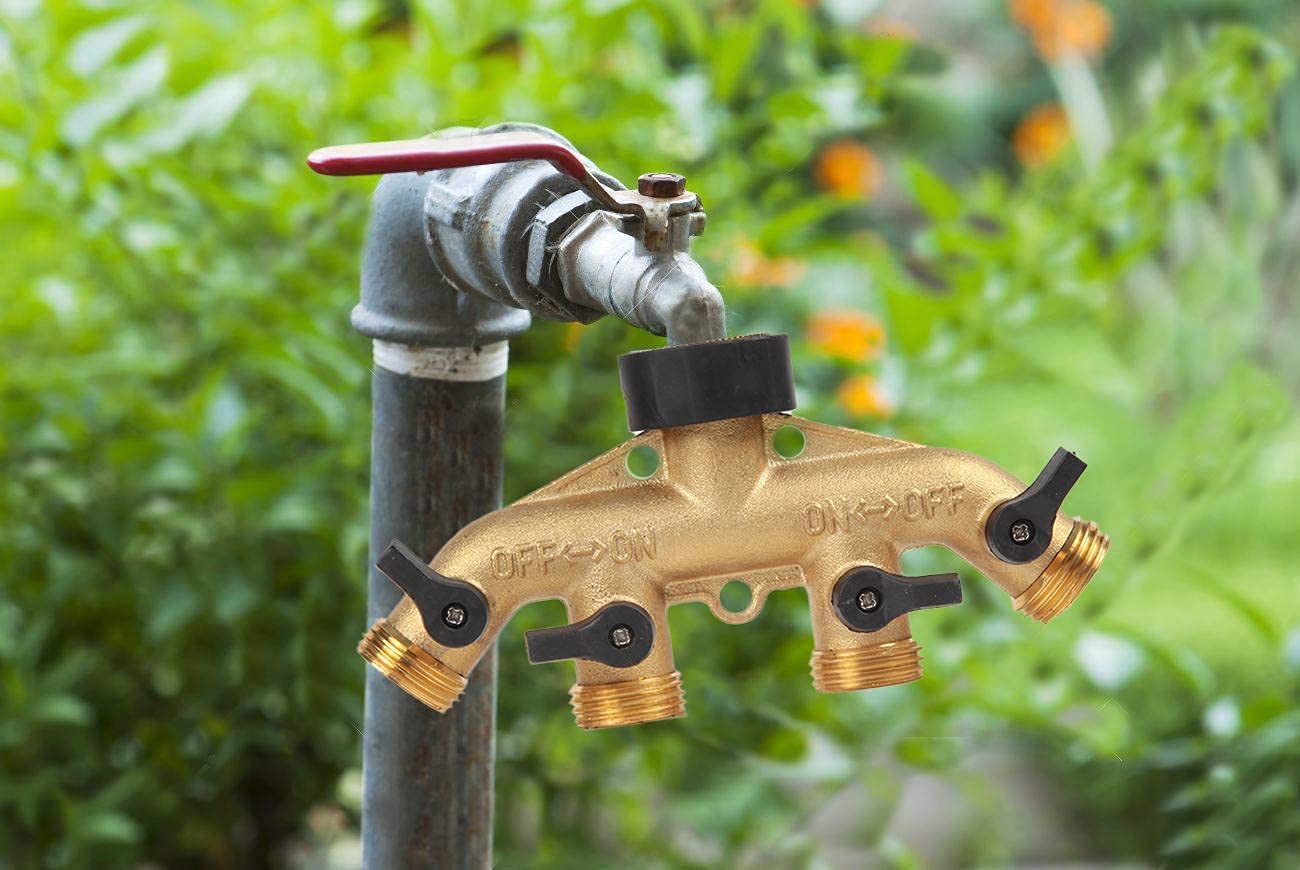 Heavy Duty Brass Garden Hose Splitter, 3/4" 4-Way "Y" Shut-Off Hose Connector Outlet Splitter Spigot Adapter with 2 Kink-Free Outdoor Faucet Extension Hose Protectors for House Lawn Patio Garden