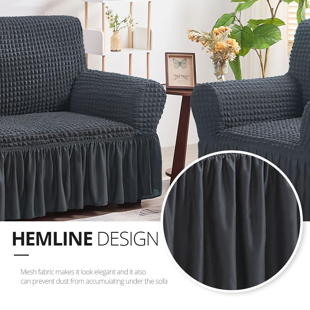 NICEEC Armchair Cover Dark Grey Armchair Slipcover 1 Piece Easy Fitted Sofa Couch Covers Universal High Stretchable Durable Furniture Protector with Skirt Country Style (1 Seater Dark Gray)
