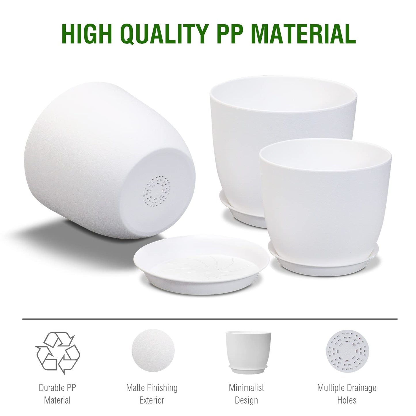 WSMKSZ 12/10/9 inch Large Plant Pots, 3 Pack Modern Decorative Plastic Planters with Drainage Holes and Saucers, Flower Pots for Indoor Outdoor Plants, White