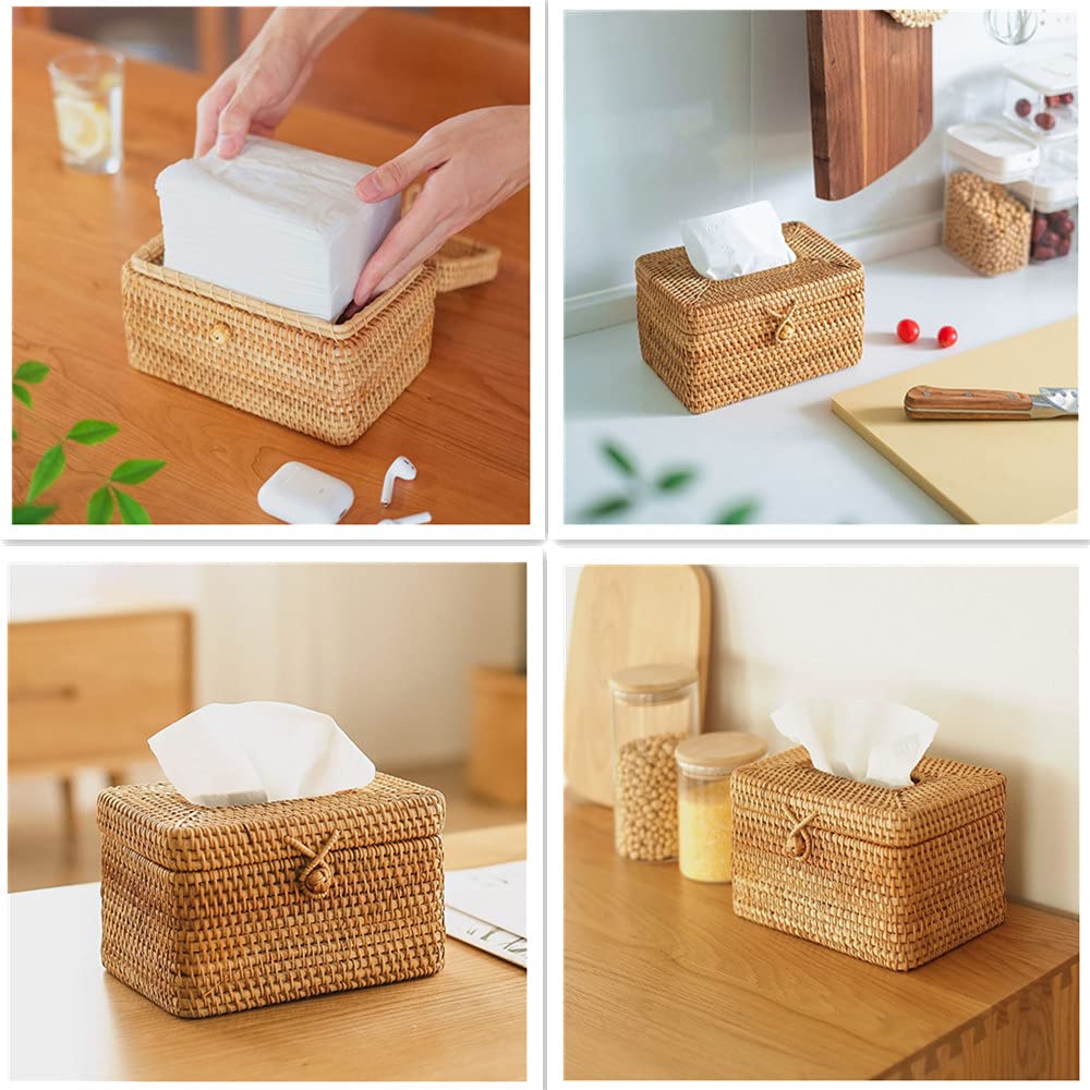 5 Inch Tall Rattan Tissue Box Cover Rectangular with Hinged Top Lid and Bead, Boho Woven Facial Napkin Holder, Decorative Napkin Dispenser Holder Organizer for Dresser Bathroom Décor, Brown