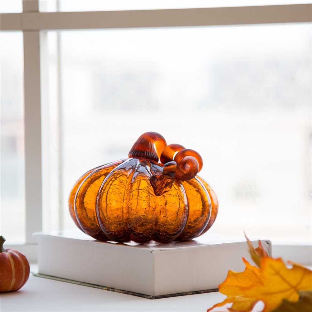 Glitzhome Hand Blown Glass Pumpkin Table Top Home Décor, 5.51", Amber