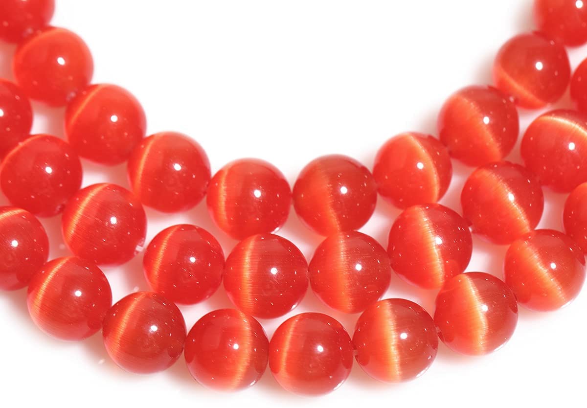 HAAMIIQII 45pcs 8mm Orange Red Cat Eye Beads Round Loose Gemstone Beads for Jewelry Making Strand 15 Inch