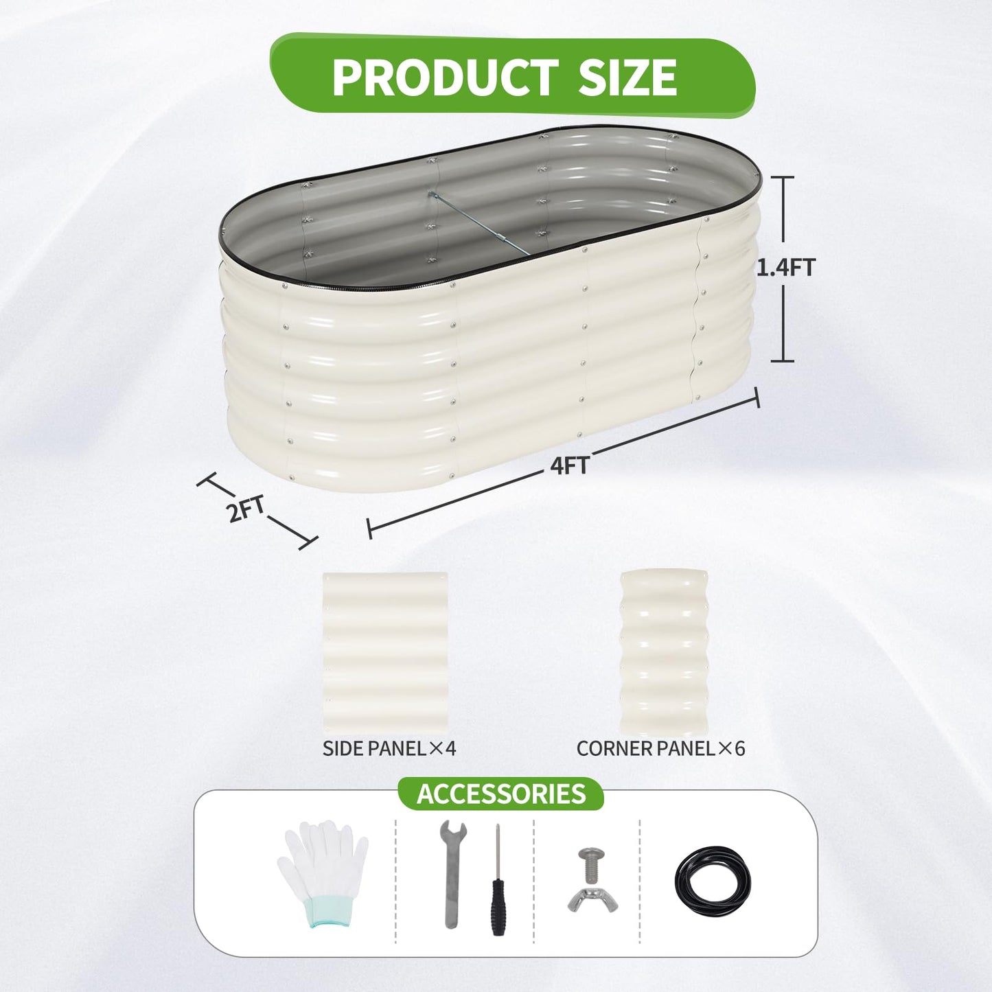 Permade Galvanized Raised Garden Bed - 4x2x1.4FT Metal Planter Boxes Outdoor | Oval Steel Raised Bed Kit for Gardening with Protective Tape, Gloves for Vegetables, Flower, Herb (White)