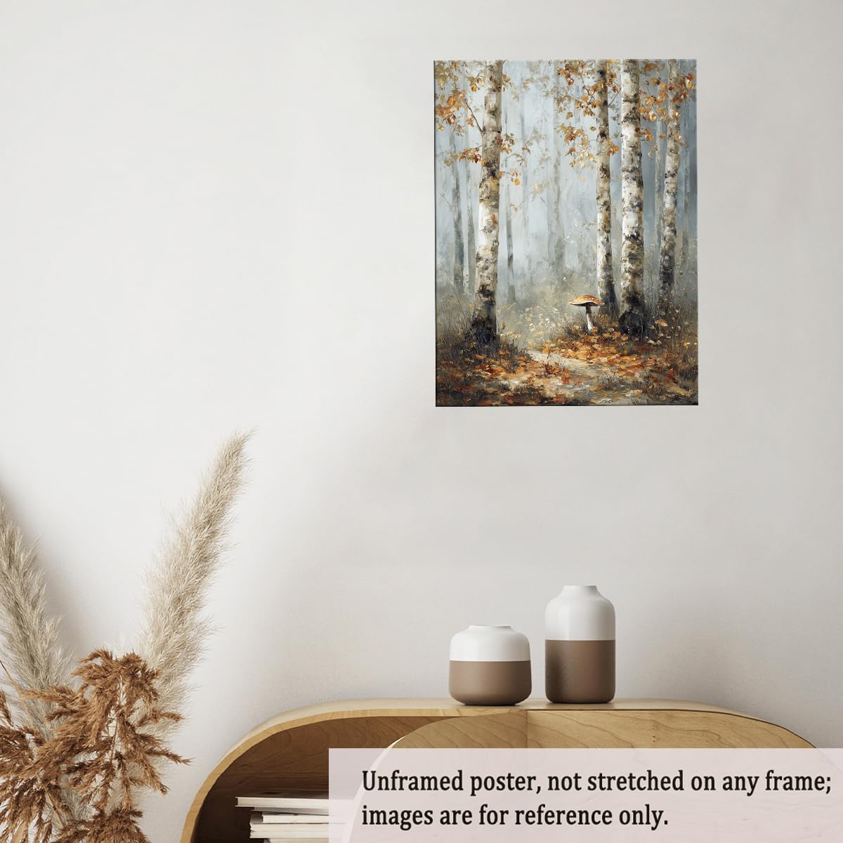 Birch Tree Forest Wall Art – Autumn Canvas Print with Mushroom and Misty Woodland Trail, Rustic Fall Nature Poster for Bedroom or Seasonal Wall Decor 12x16in Unframed