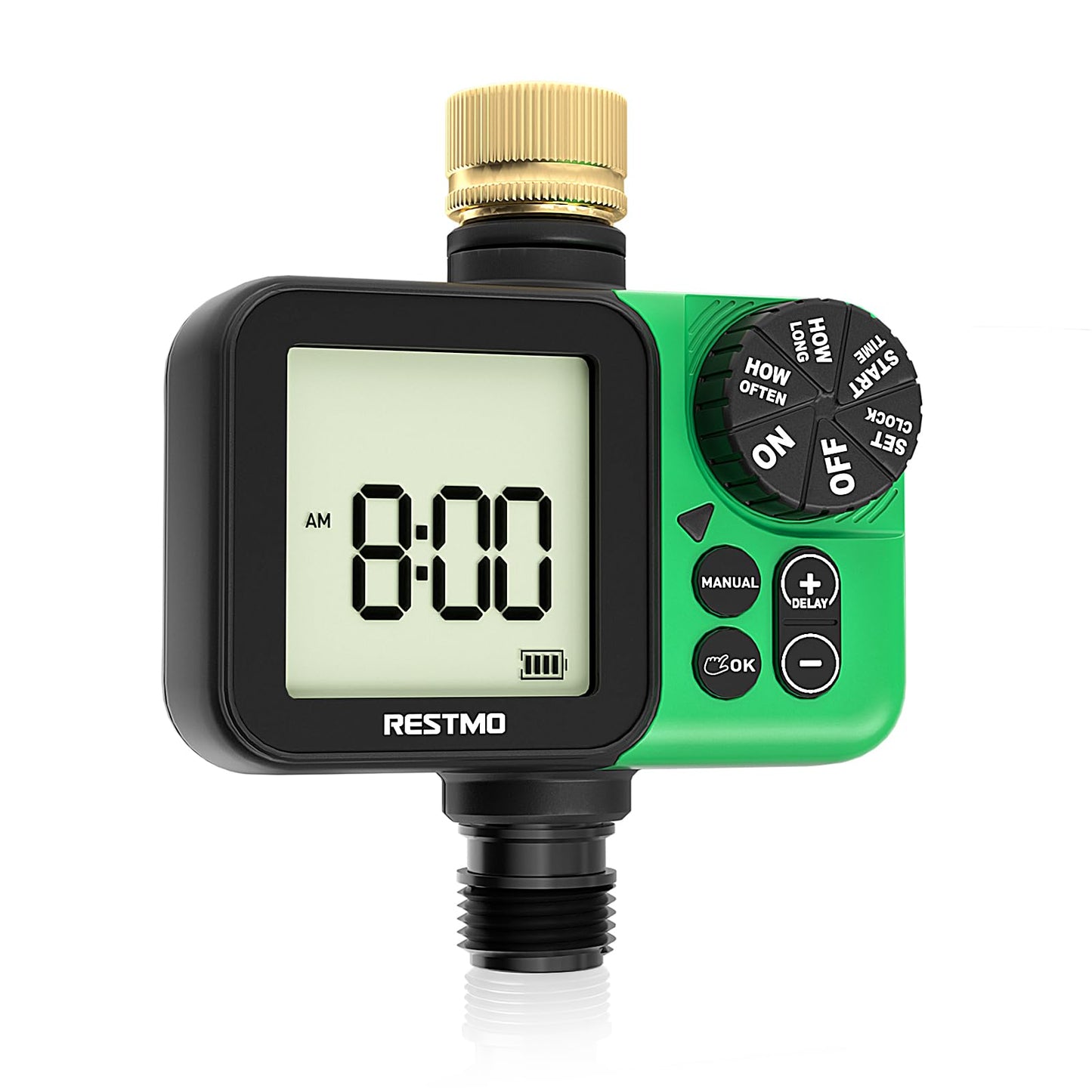 RESTMO Oversized LCD Sprinkler Timer for Outdoor Hose Faucet, Up to 11h59m Programmable Watering Timer for Soaker Hose, Filling, Misting with Brass Inlet, Rain Delay/Manual/Automatic Irrigation System
