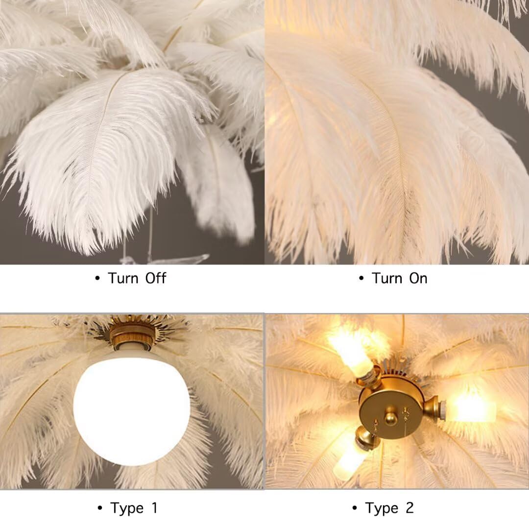 GUANSHAN White Ostrich Feather Pendent Light - Feather Ceiling Light & Chandelier for Bedroom, Living Room