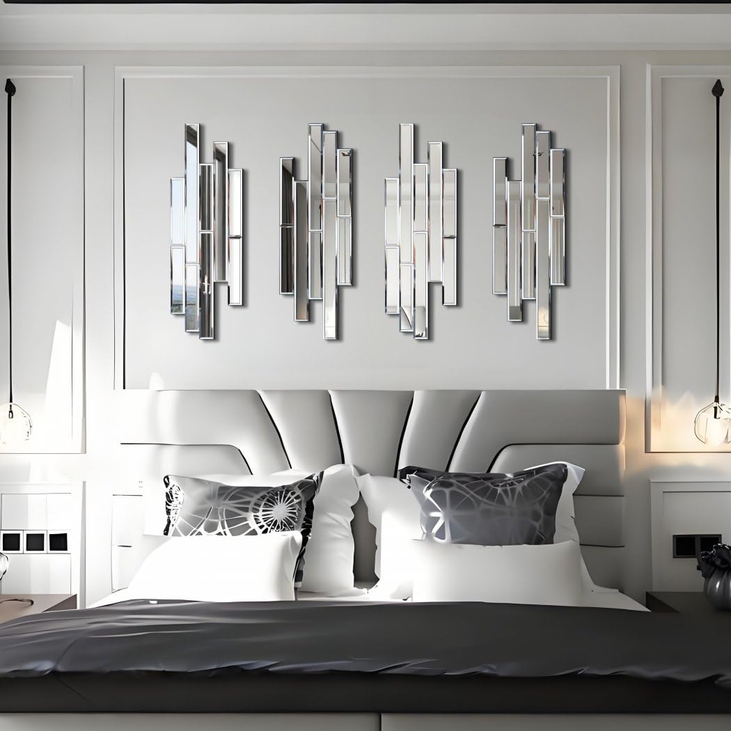 VOHJD Artisan Set of 4 Silver Beveled Wall Decor Mirrors - 24x8 Inch Each, Creative Combination Design for Modern & Farmhouse Home Decor, Shatter-Resistant Glass with Wood Backing