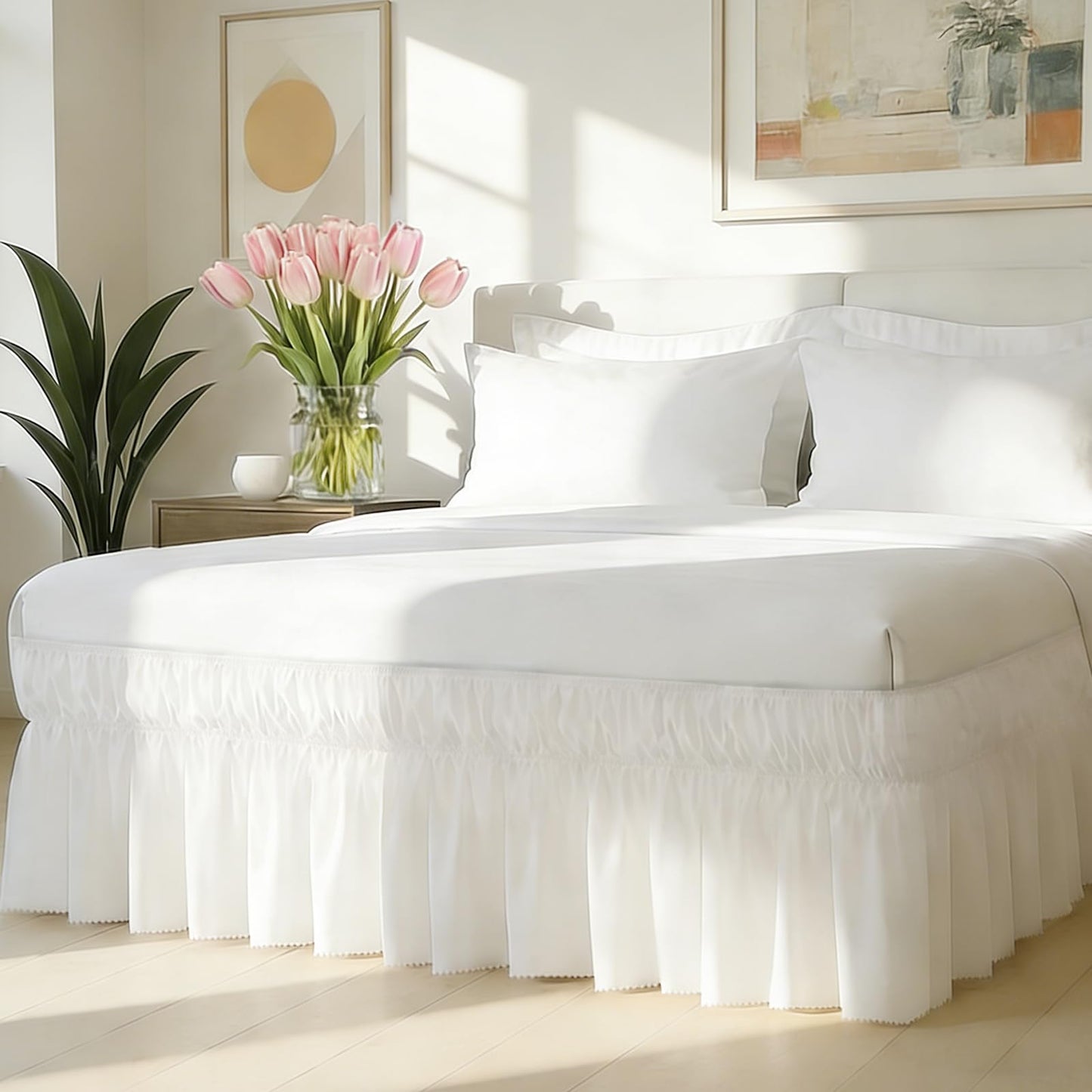 SPRINGSPIRIT Queen Bed Skirt with Elastic Strap, Ruffle Bed Skirting with 16 inch Drop, Wrinkele Free, Machine Washable, Hotel Quality, White