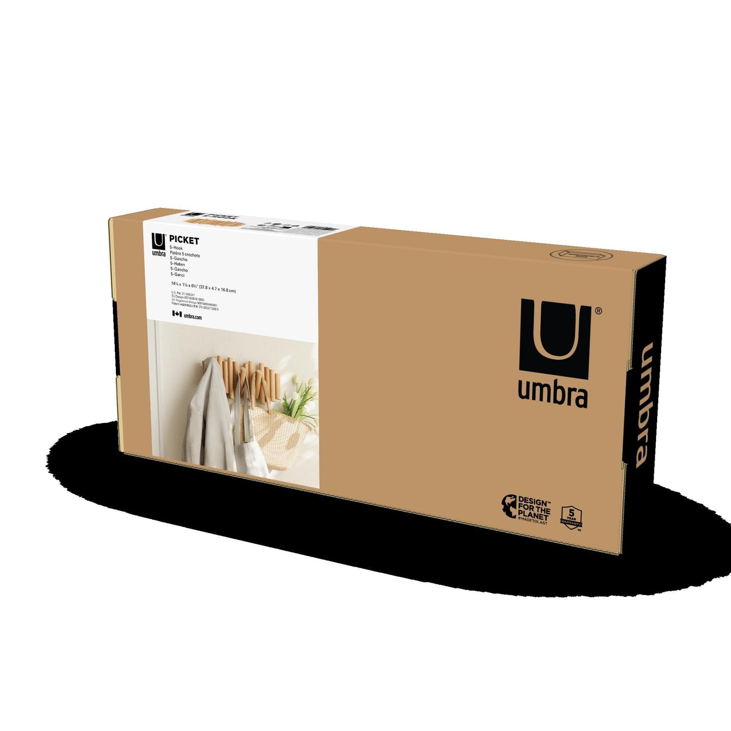 Umbra Picket Coat Rack Wall Mount – 5 Flip-Down Wood Coat Hooks, Modern & Functional Storage, Easy Install Wall Hooks, Natural