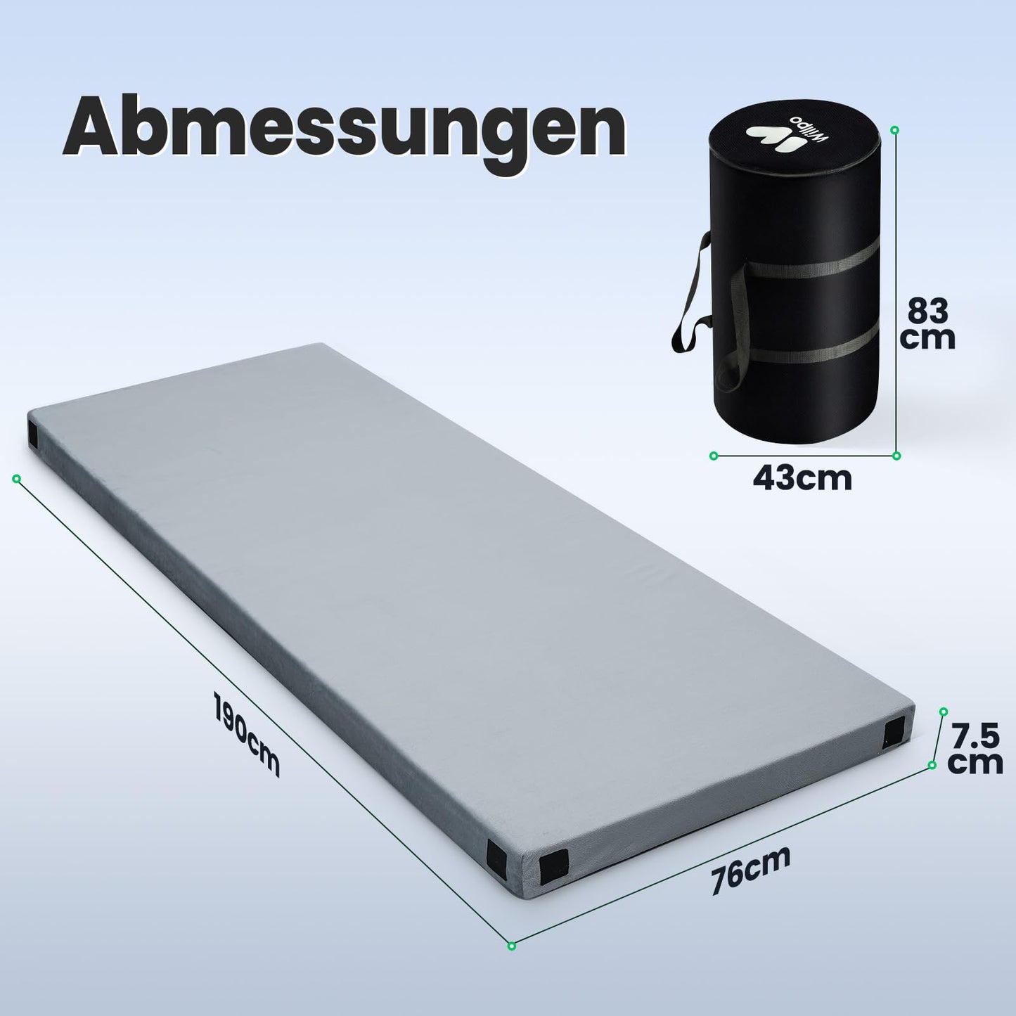 Willpo CertiPUR-US Memory Foam Camping Mattress - Dual Interchangeable Washable Covers Included, Lightweight Portable Sleeping Pad with Travel Bag for Tents, Guest Beds, Home - Gray, Single