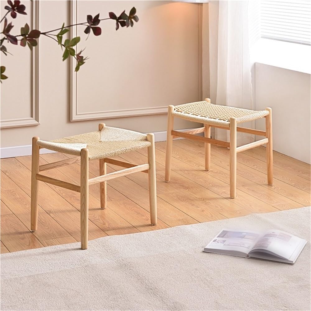 GOIPNGPK Hand Woven Stool, Solid Wood Square Stool, Simple Vanity Stool, Modern Small Stool Suitable for Living Room, Bedroom, Kitchen, Office(Brown)