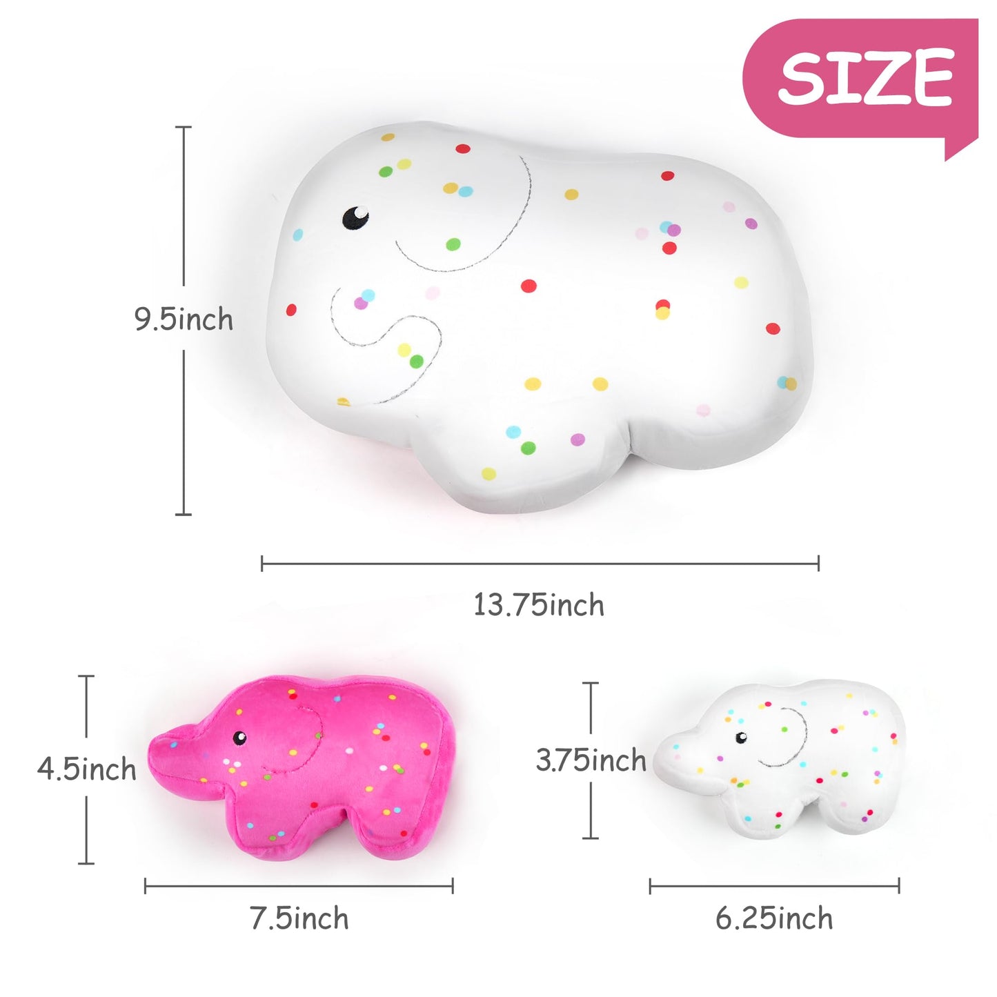 BenBen Cookies Plush Toys, 13.75”, 7.5” and 6.25” Cute Elephant Family Stuffed Animal, Kawaii Food Plushies, Fun Decorative Pillows for Room Décor, Set of 3, White and Hot Pink