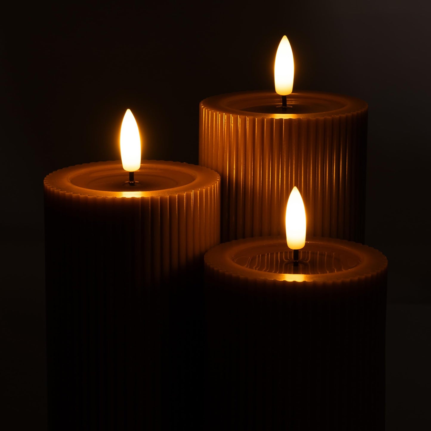 WYZworks Fluted Ribbed LED Pillar Candles, Brown, with Realistic Reflective Melted-Wax Effect – Flickering Flame, Remote, Dimmable, Flameless, Battery Operated, Home & Wedding Decor (Set of 3)