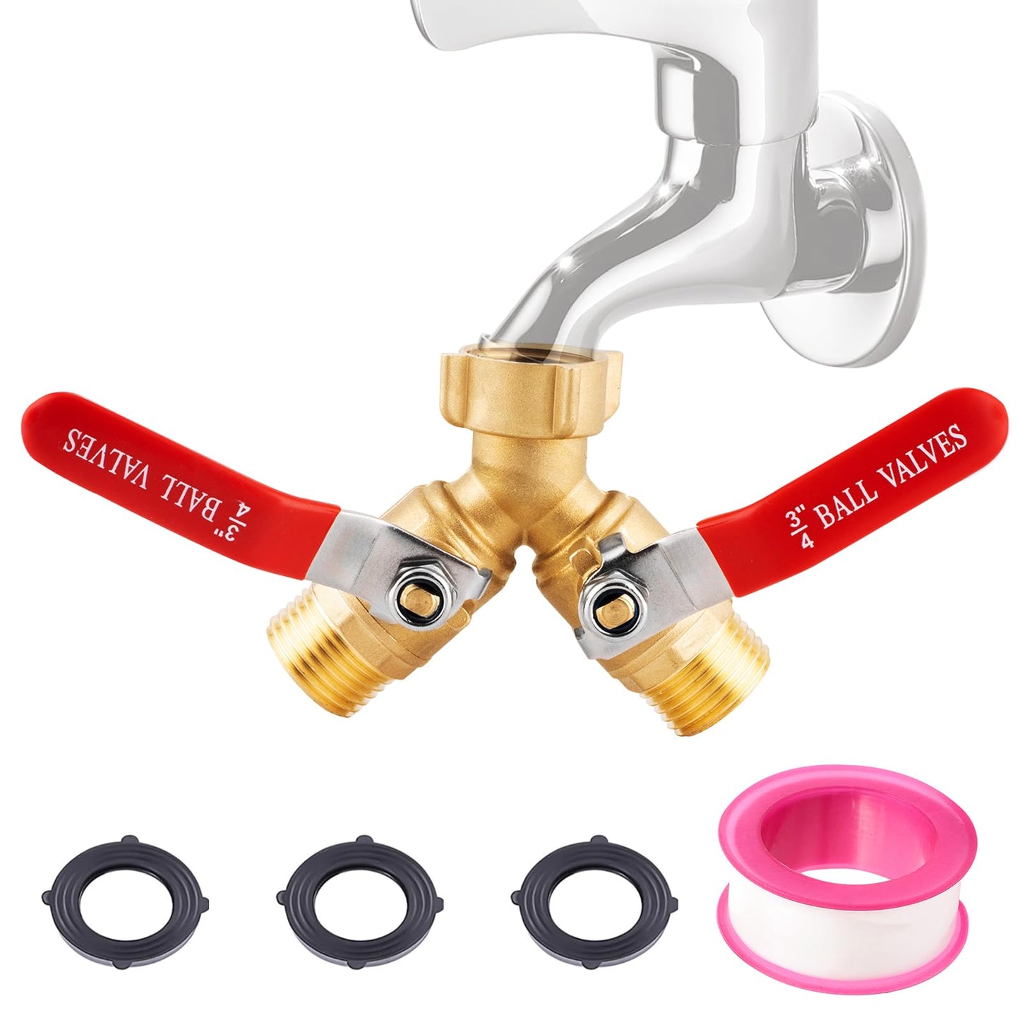 ZZBUY Hose Splitter 2 Way Heavy Duty, 3/4 Inch GHT Thread Y Valve Connector with Stainless Steel Long Handle, Full Flow Brass Garden Hose Splitter for Outdoor Faucet, Washing, and Garden Irrigation