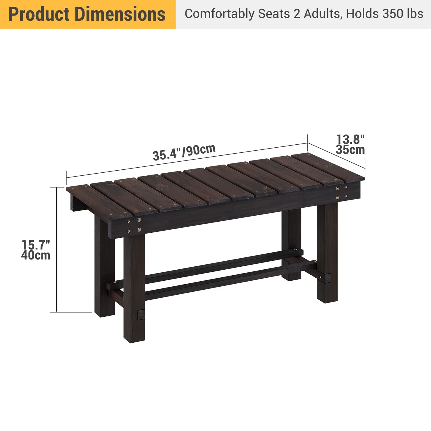 Wood Outdoor Garden Bench, 2-Person Seat 35" Backless Bench, 100% Solid Fir Carbonized Weatherproof Patio Bench,Indoor Bathroom Seat Entryway Shoe Bench for Garden Porch Backyard Pool Balcony (Small)