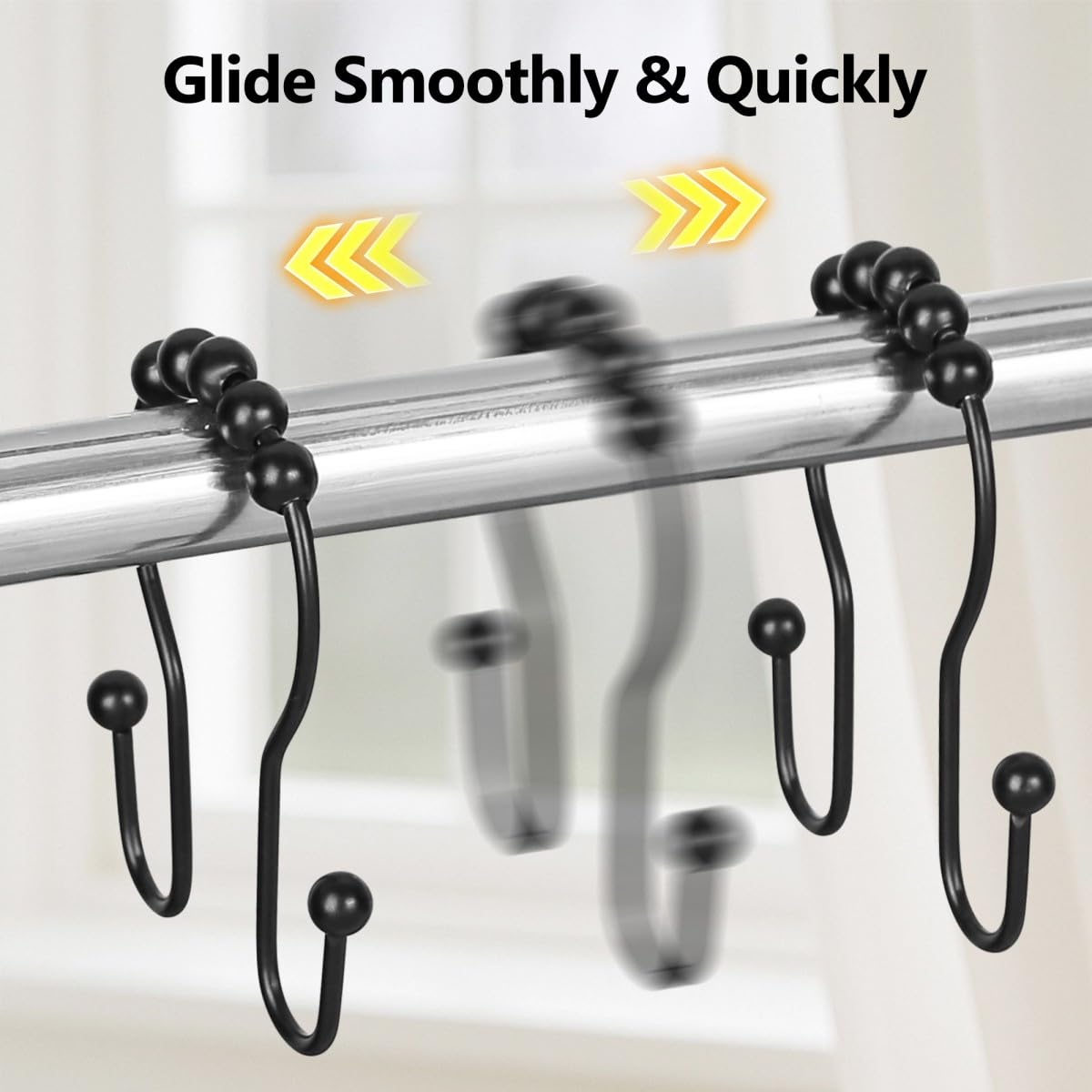 Resze Shower Curtain Hooks, Sturdy Metal Black Shower Curtain Rings, Glide Roller Double Shower Hooks, Rust Proof Anti-Drop Curtain Hooks, 12 Pcs Smooth Sliding Rings for Bathroom Shower Rods Curtains