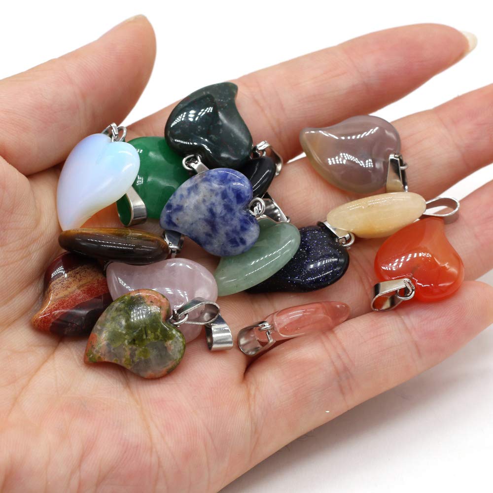 LE SKY 15 Pcs natural stone pendants peach heart shape chakra reiki healing mixed stone crystal agate charms for jewelry making necklace bracelet