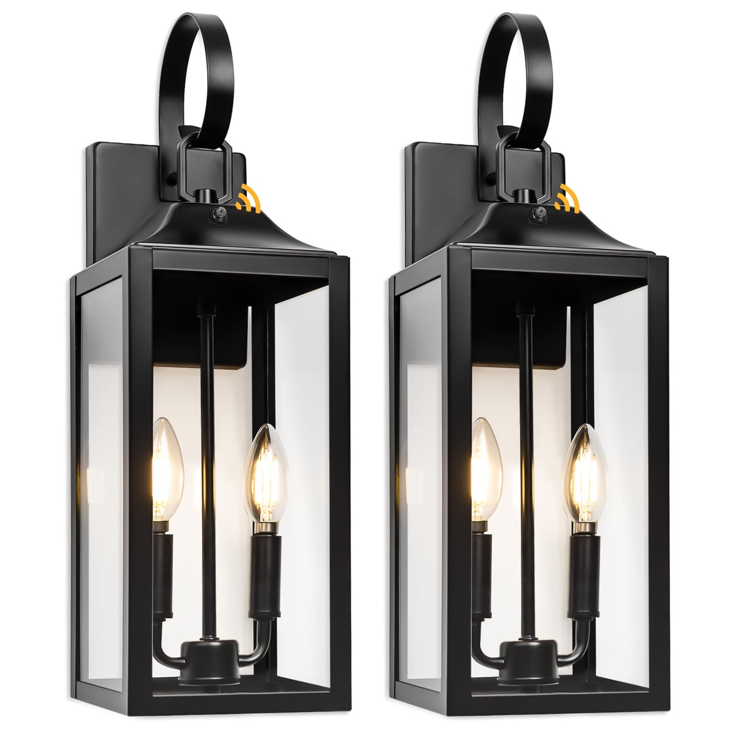 Black Dusk to Dawn Outdoor Wall Lantern 2-Light, 19" Large Modern Outdoor Wall Lights, Industrial Porch Lights Wall Mount with Tempered Glass, Waterproof Farmhouse Exterior Lighting Fixtures, 2 Packs